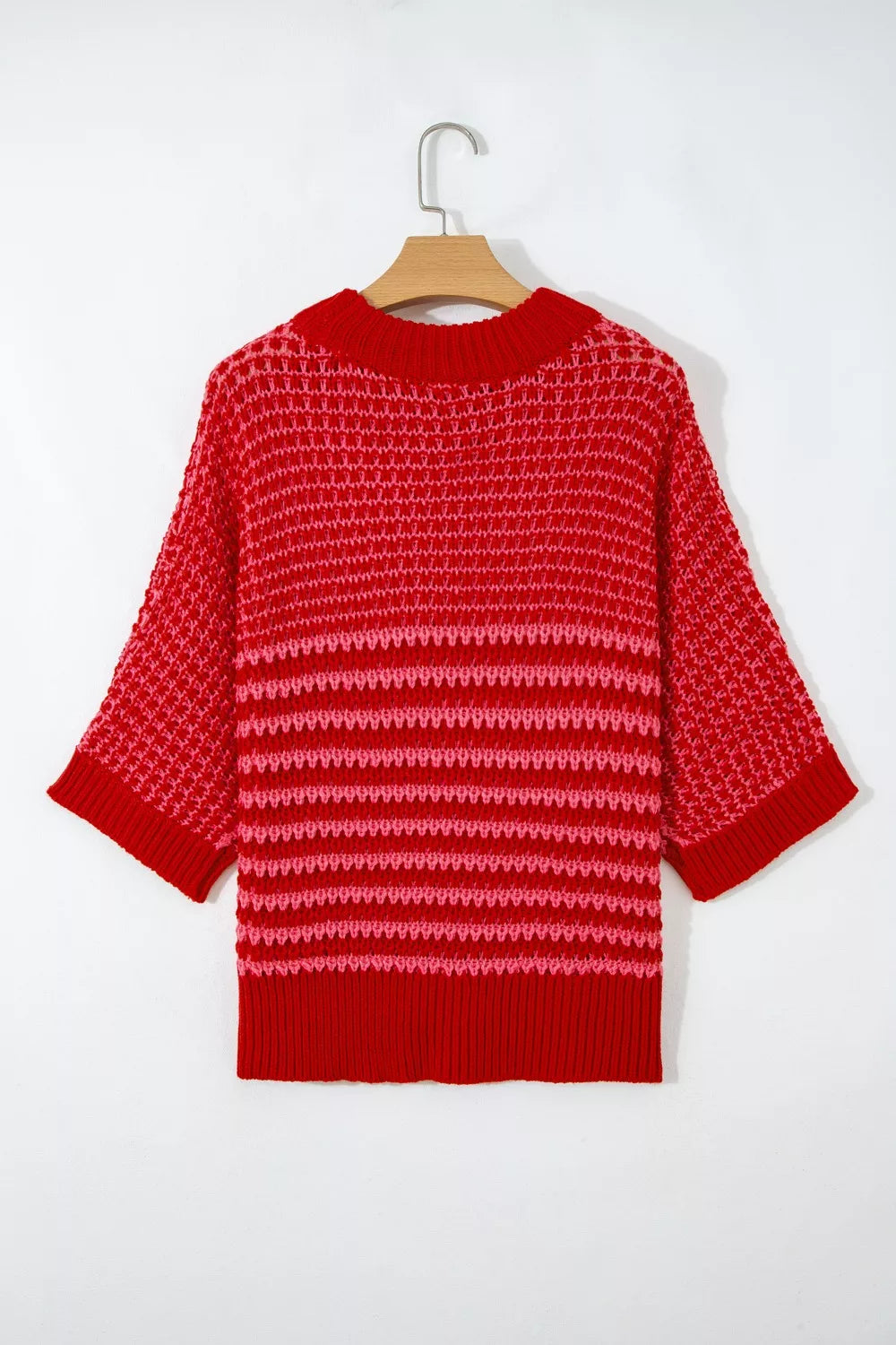 Striped open-knit crew neck sweater with half sleeves