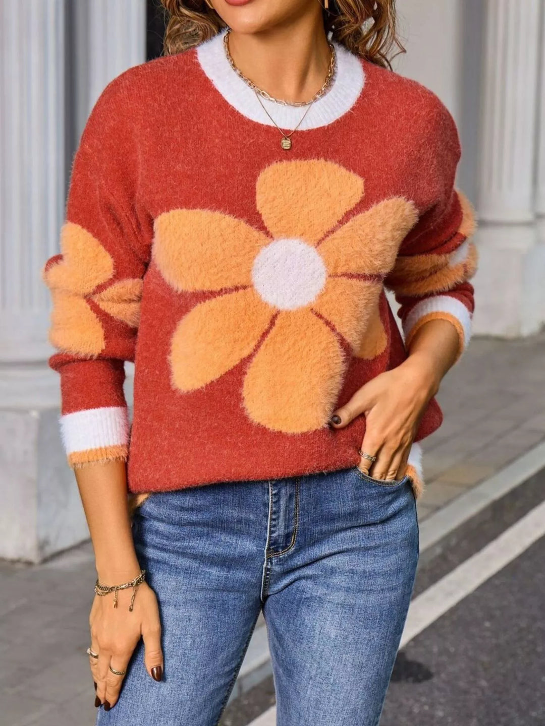 Fuzzy knit floral crew neck sweater with contrast trim