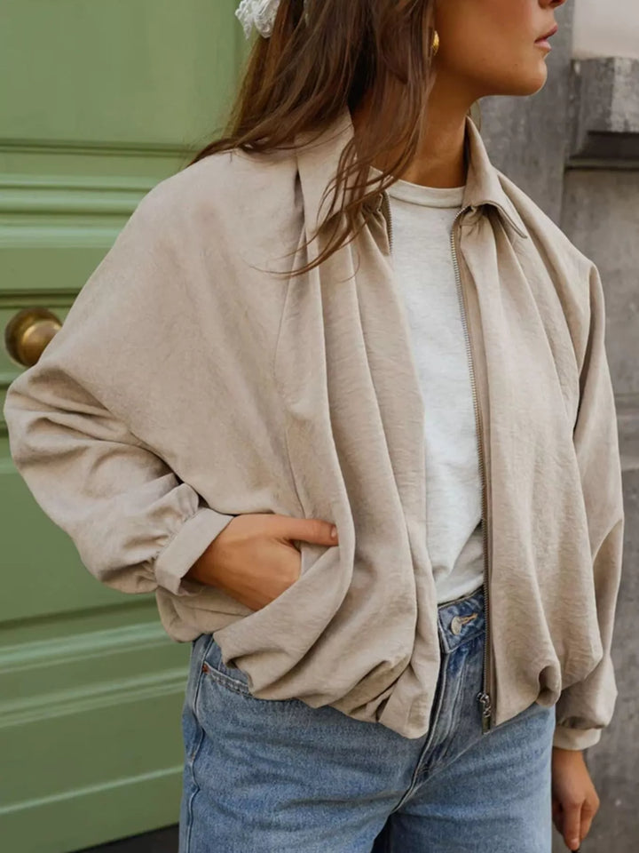 Off-white Oversized zip-up bomber jacket with collar and pockets