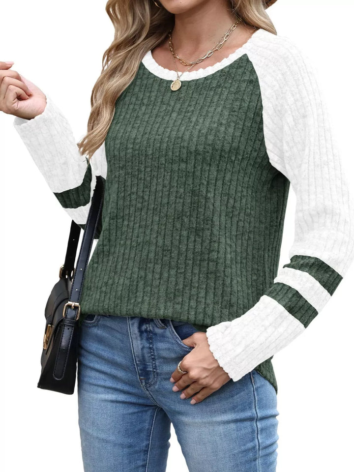 Ribbed knit raglan long sleeve top with varsity stripe sleeves