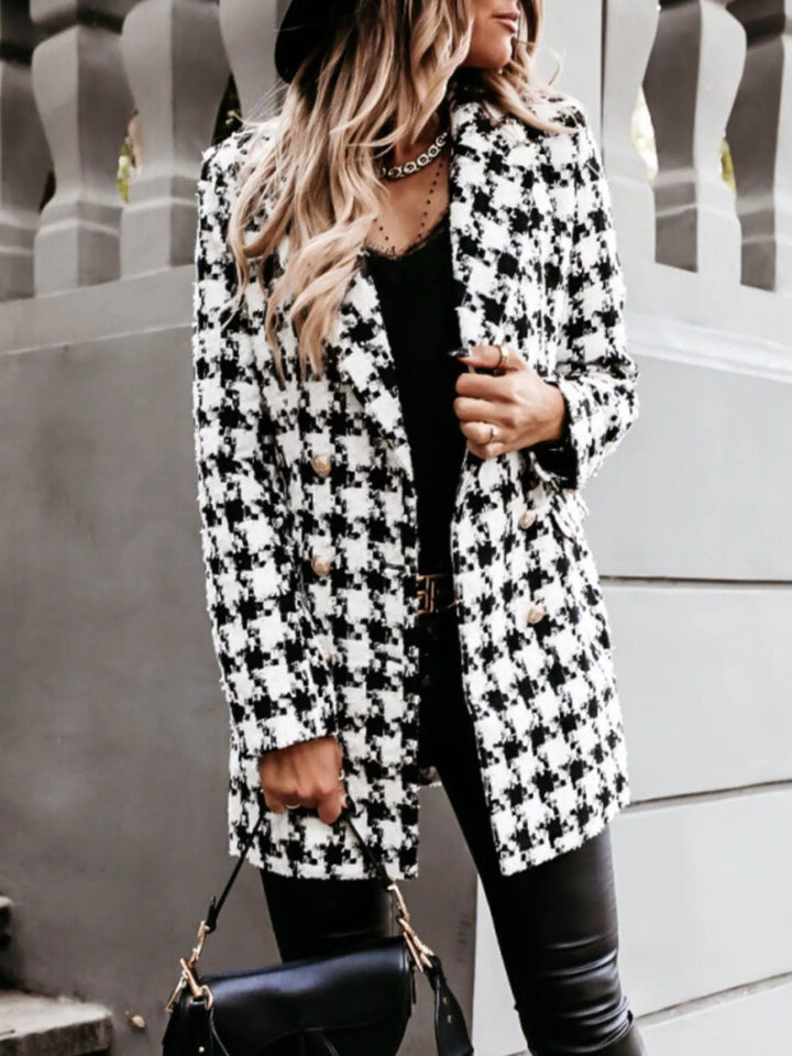 Houndstooth tweed double-breasted blazer coat with gold buttons