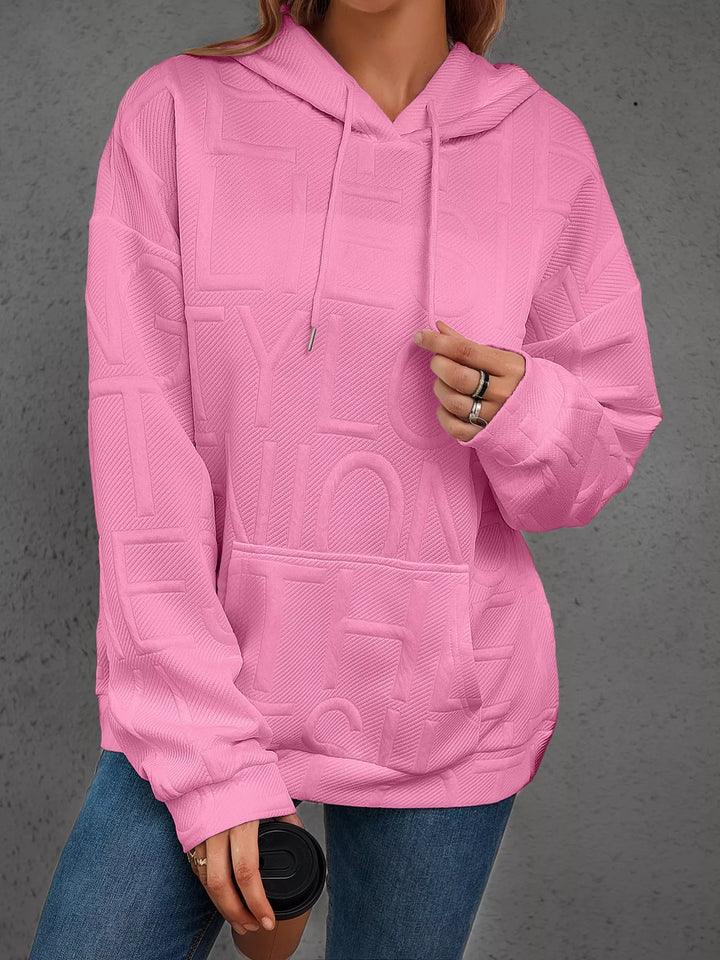Pink Textured embossed letter pullover hoodie with front pocket
