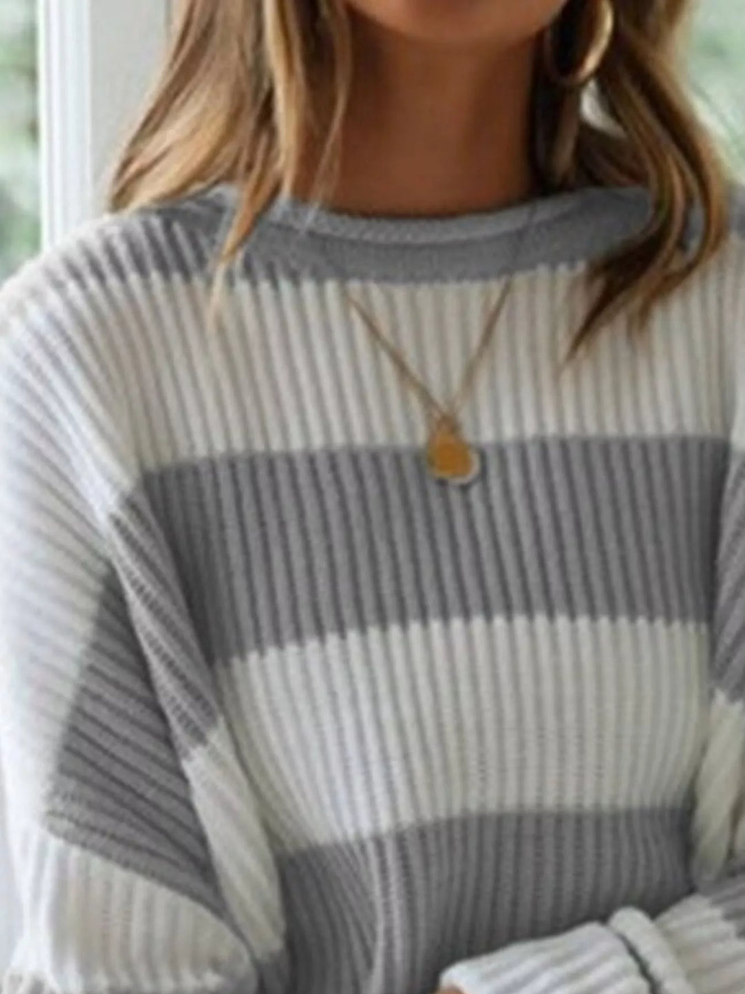 Oversized striped ribbed knit crew neck sweater