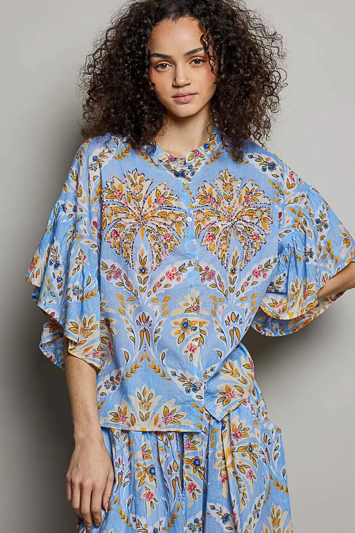Floral print ruffle sleeve woven button-front top