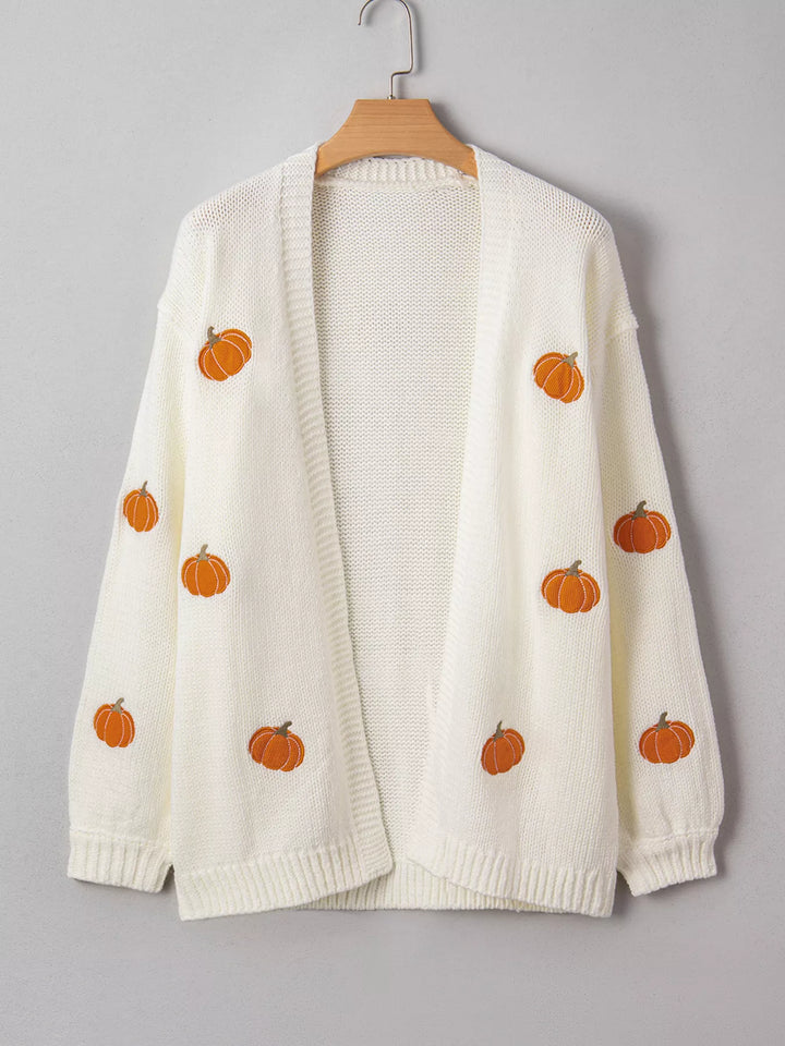 Pumpkin embroidered open-front chunky knit cardigan