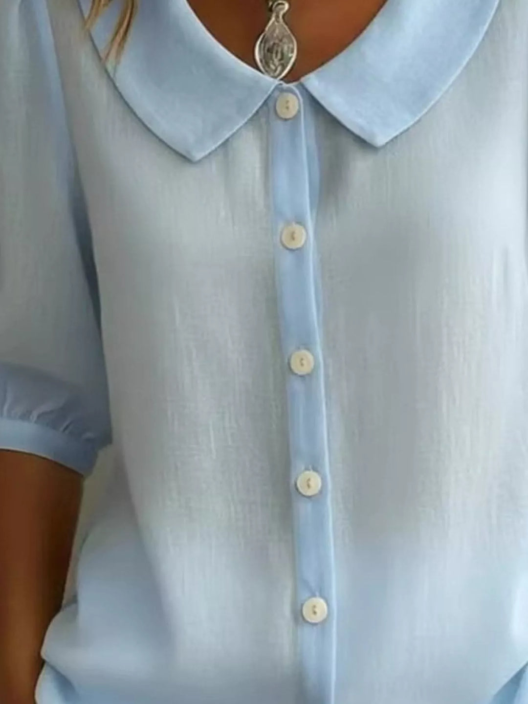 Peter Pan collar button-down blouse with 3/4 sleeves