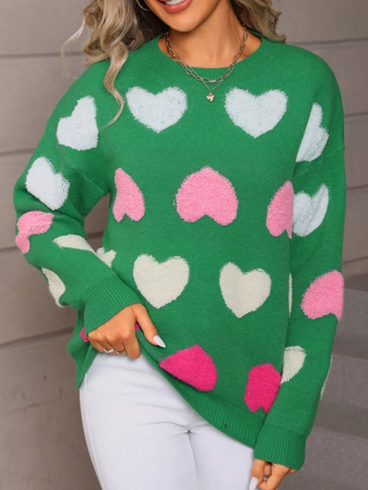 Fuzzy heart color-block crew neck knit sweater