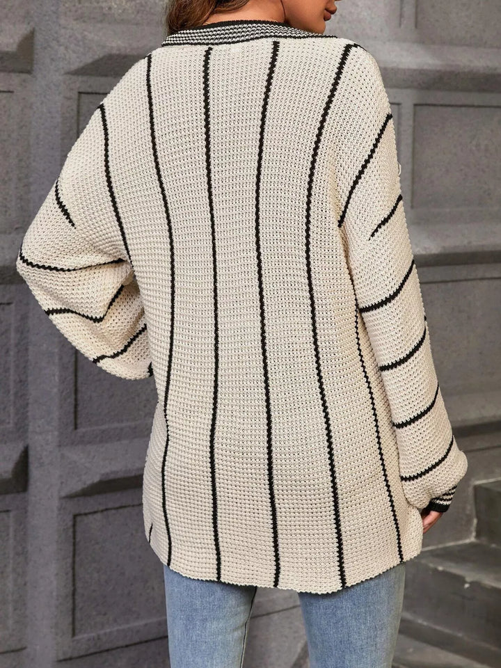 Striped waffle-knit V-neck relaxed sweater
