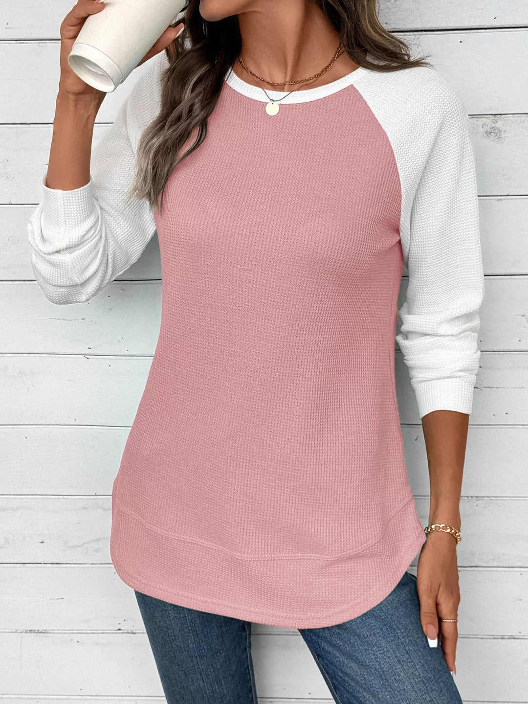 Contrast raglan waffle knit long sleeve top