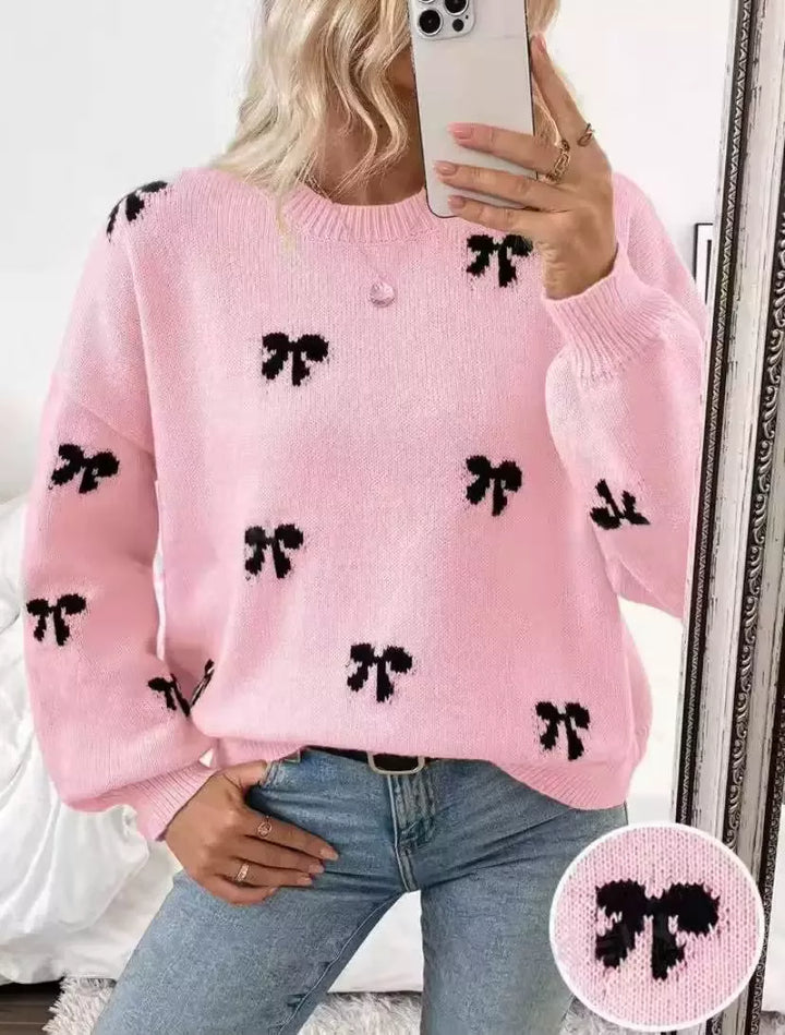 Pink Bow print drop shoulder crew neck sweater