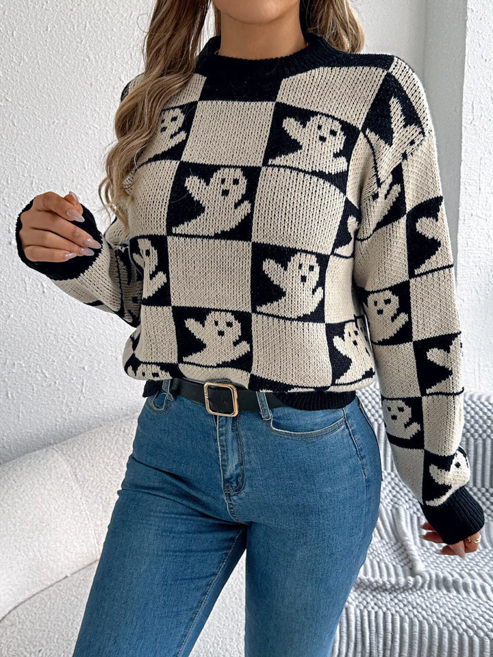 Checkered ghost print crew neck sweater with ribbed cuffs