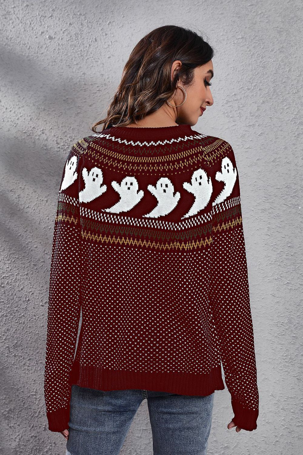 Ghost print Fair Isle knit crew neck pullover sweater