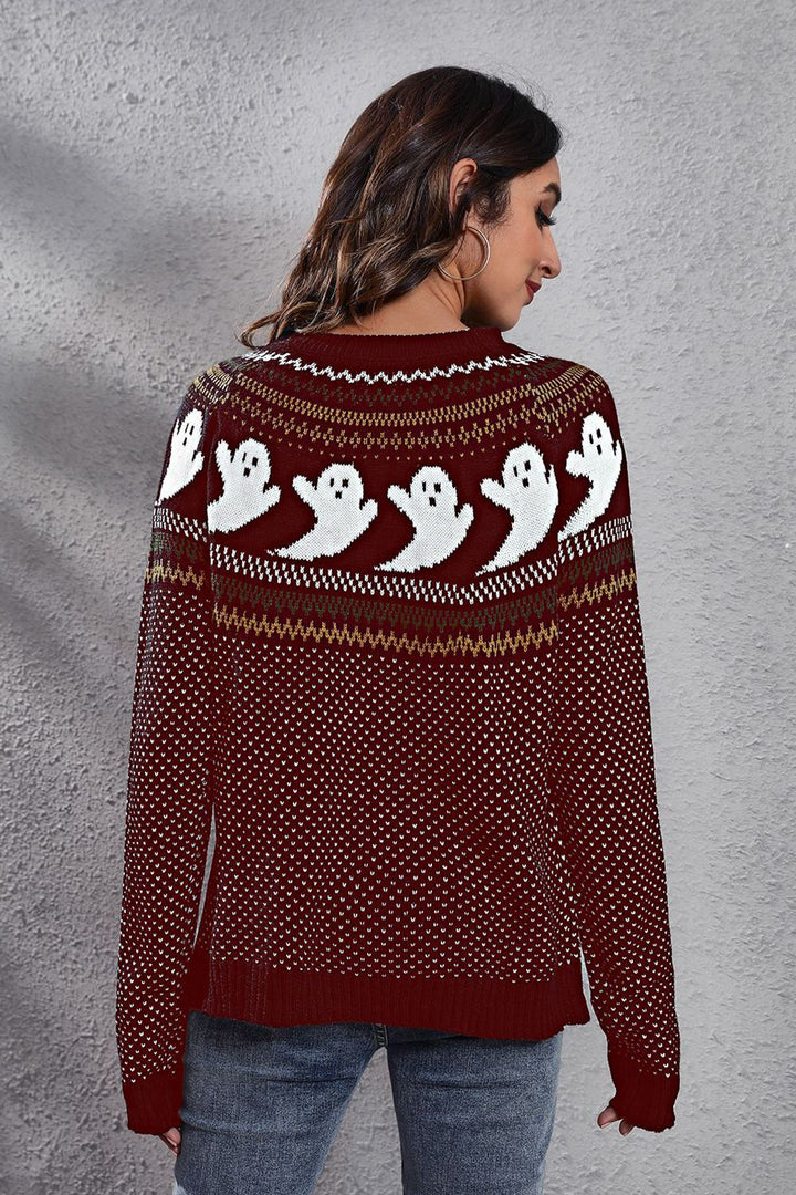 Ghost print Fair Isle knit crew neck pullover sweater