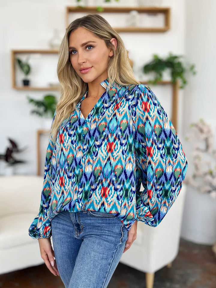 Abstract print balloon-sleeve button-down blouse