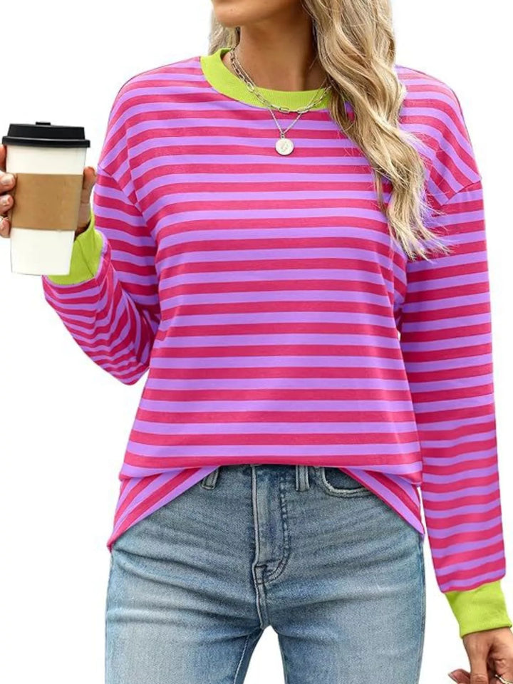 Heliotrope Purple Contrast-trim striped long sleeve crew neck top