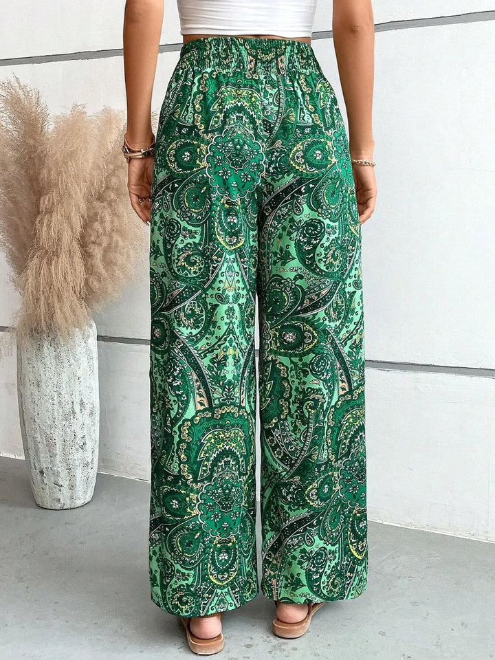 Paisley print wide-leg pants with drawstring waist