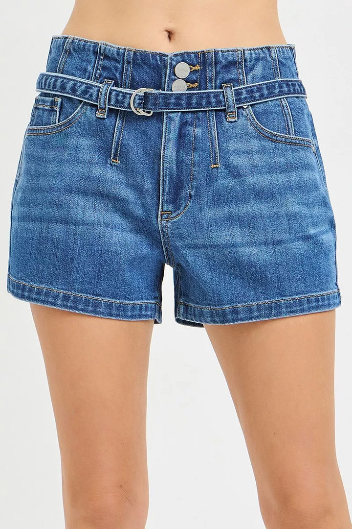 DARK Belted double-button high-rise denim shorts