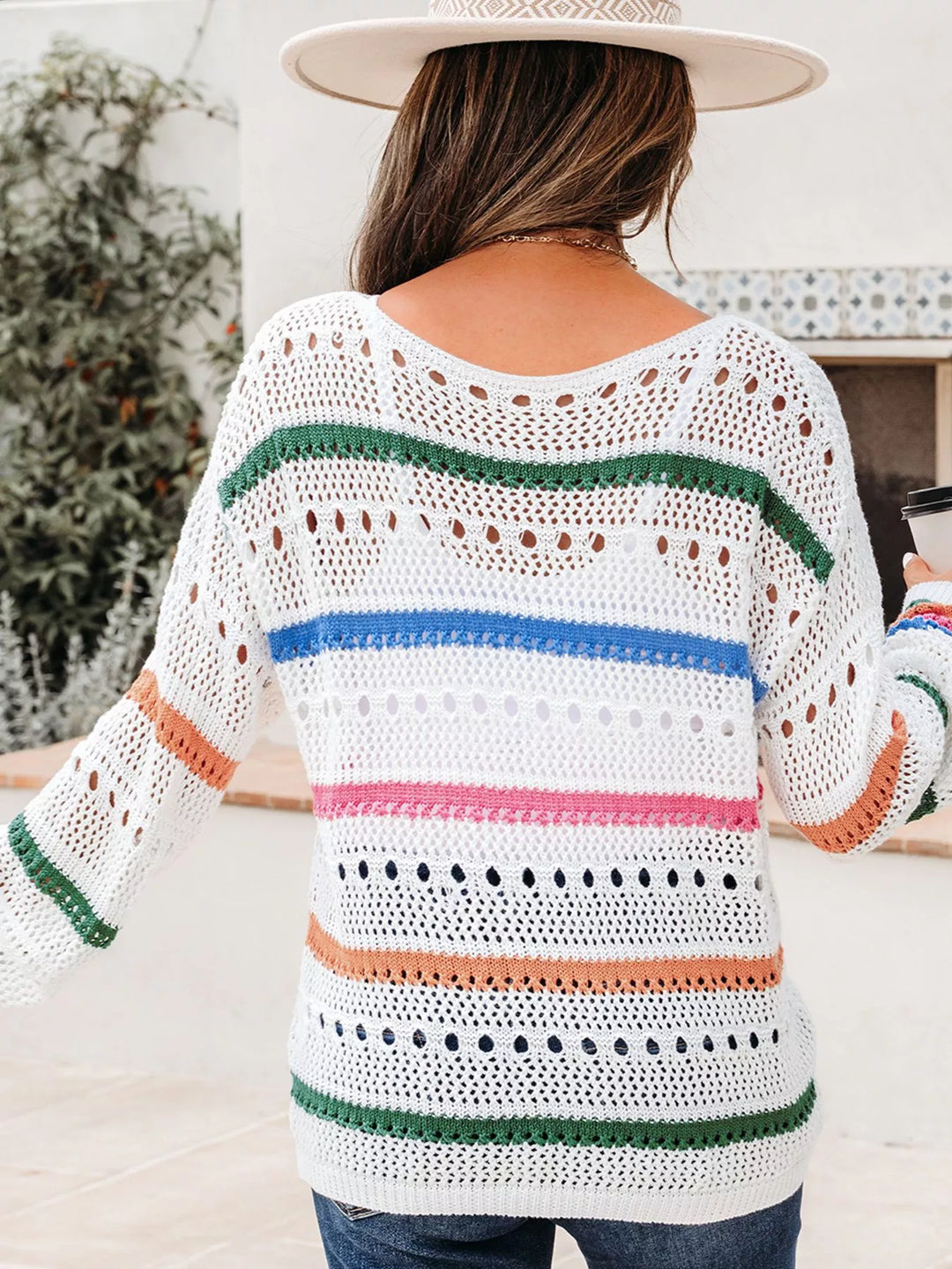 Striped pointelle open-knit pullover sweater