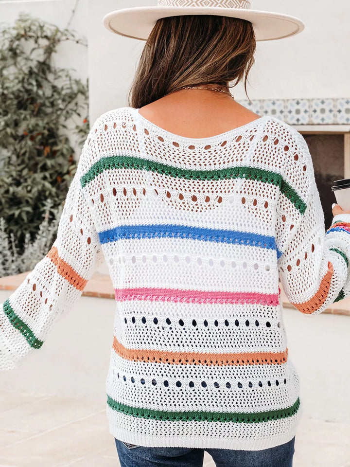Striped pointelle open-knit pullover sweater