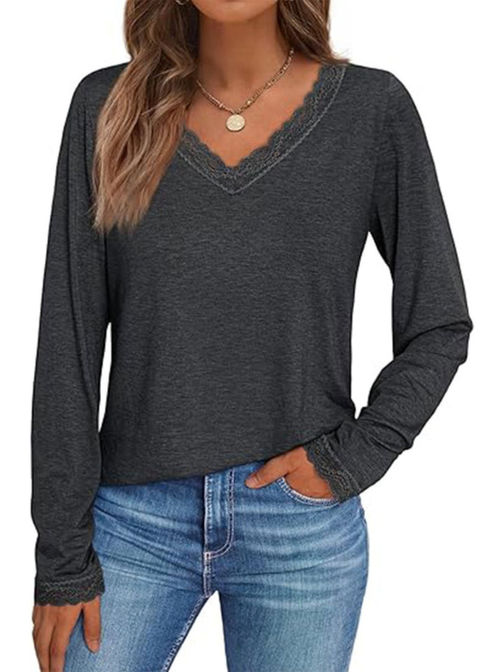 Dark Gray Lace trim V-neck long sleeve top with lace cuffs