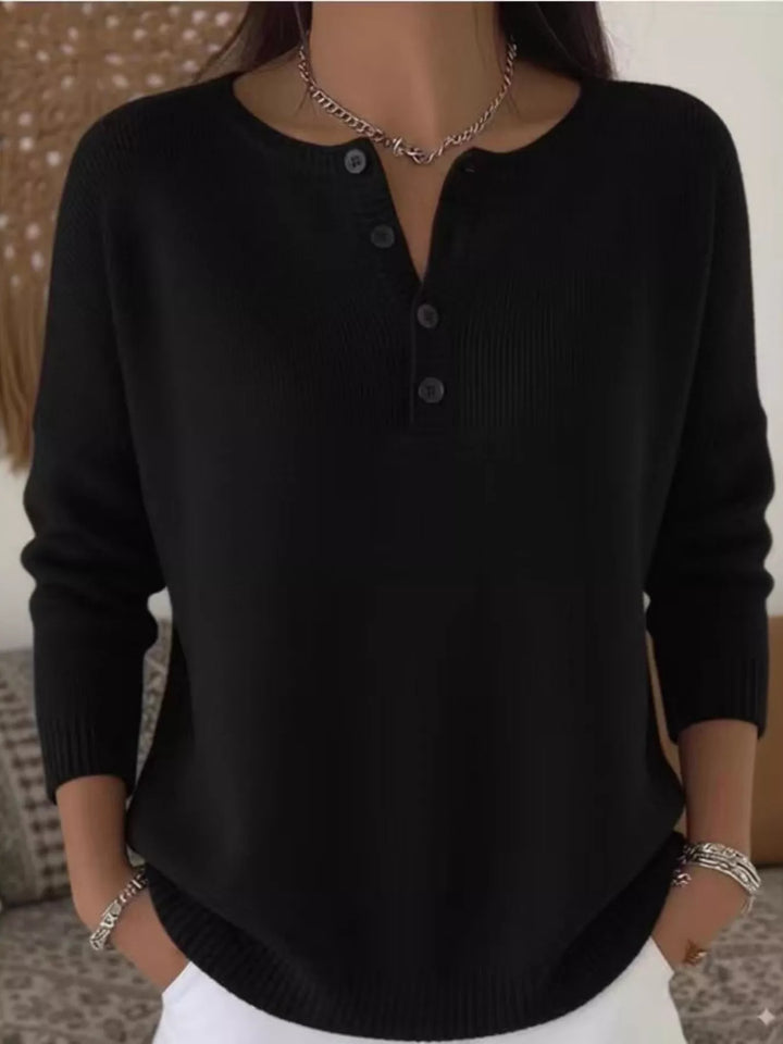 Black Henley button knit sweater with ribbed trim