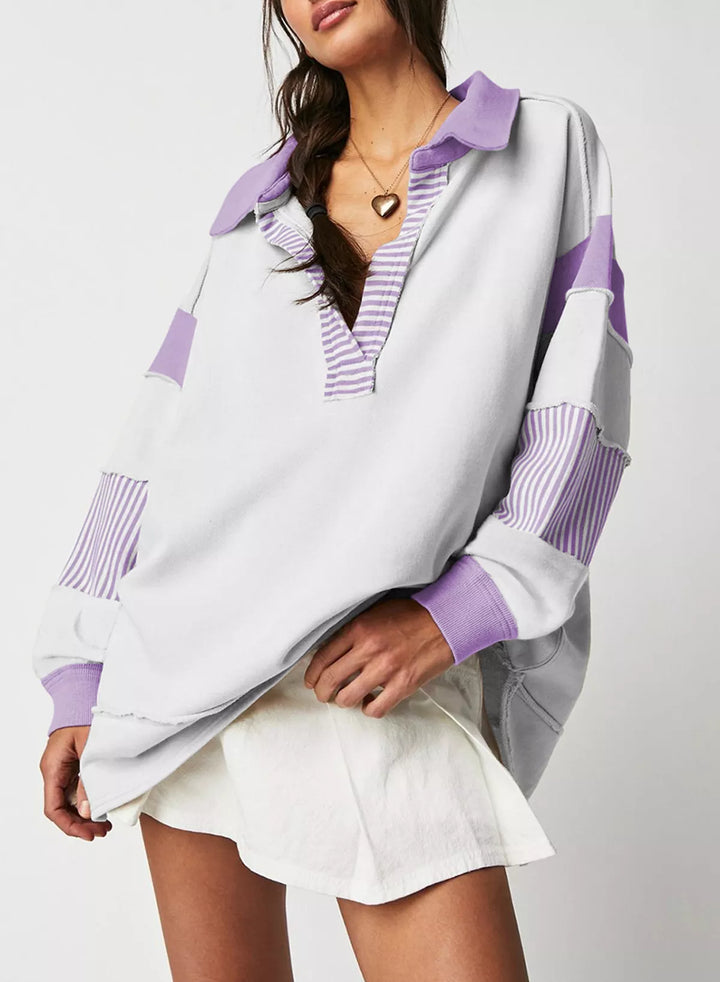 Color block striped Johnny collar sweatshirt with exposed seams