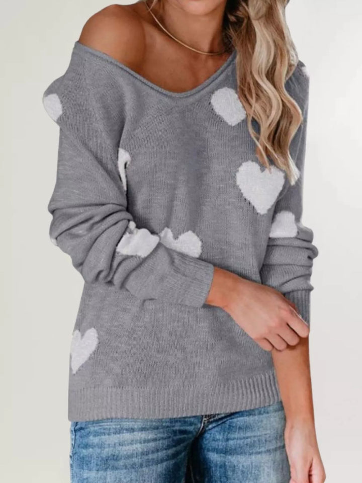 Gray Heart pattern knit pullover sweater with V-neck