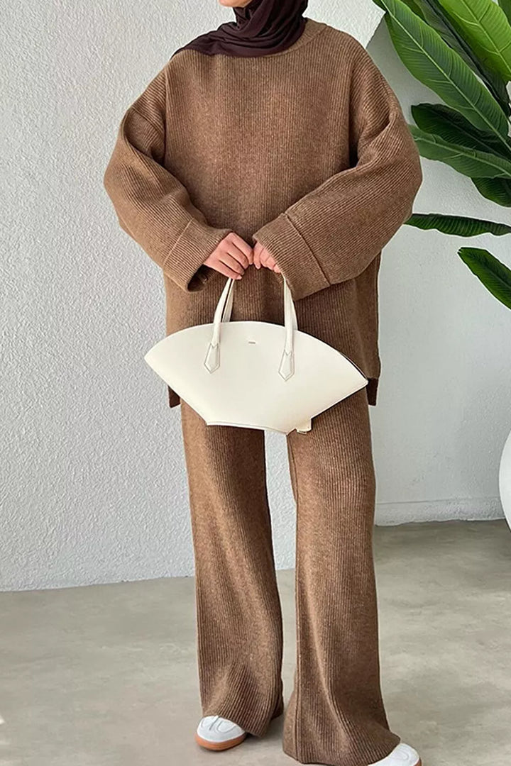 Taupe Ribbed knit dropped shoulder sweater and wide leg pants set