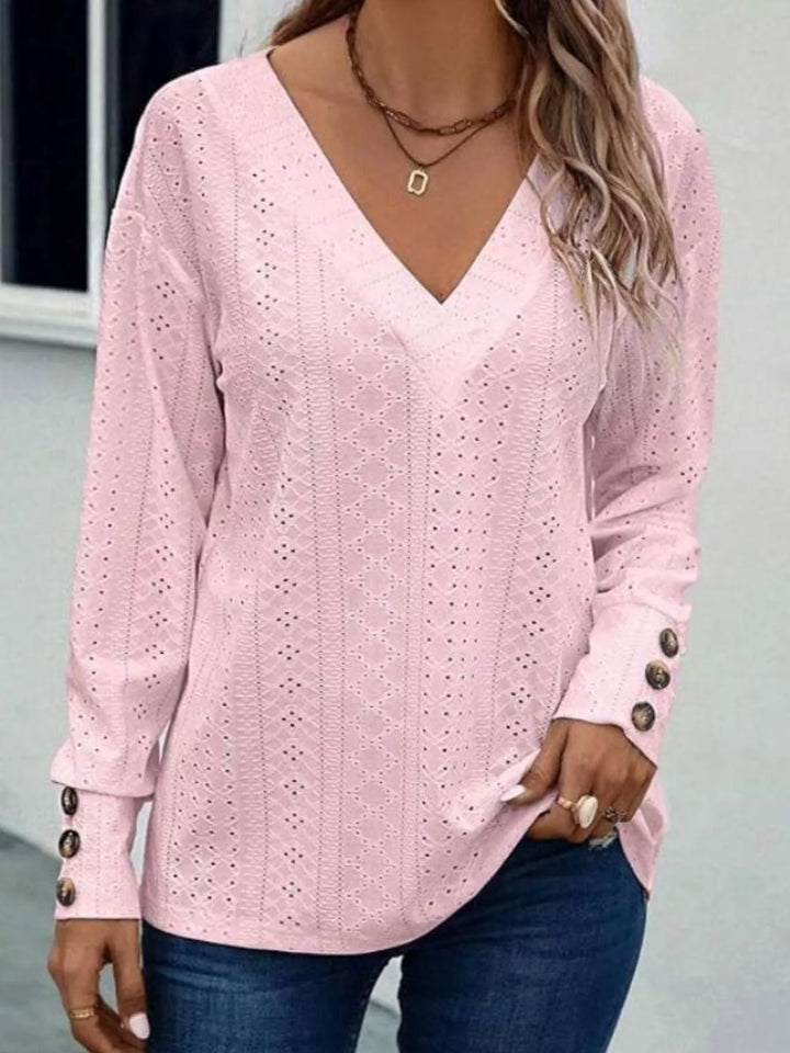 Eyelet V-neck long sleeve top with button cuffs