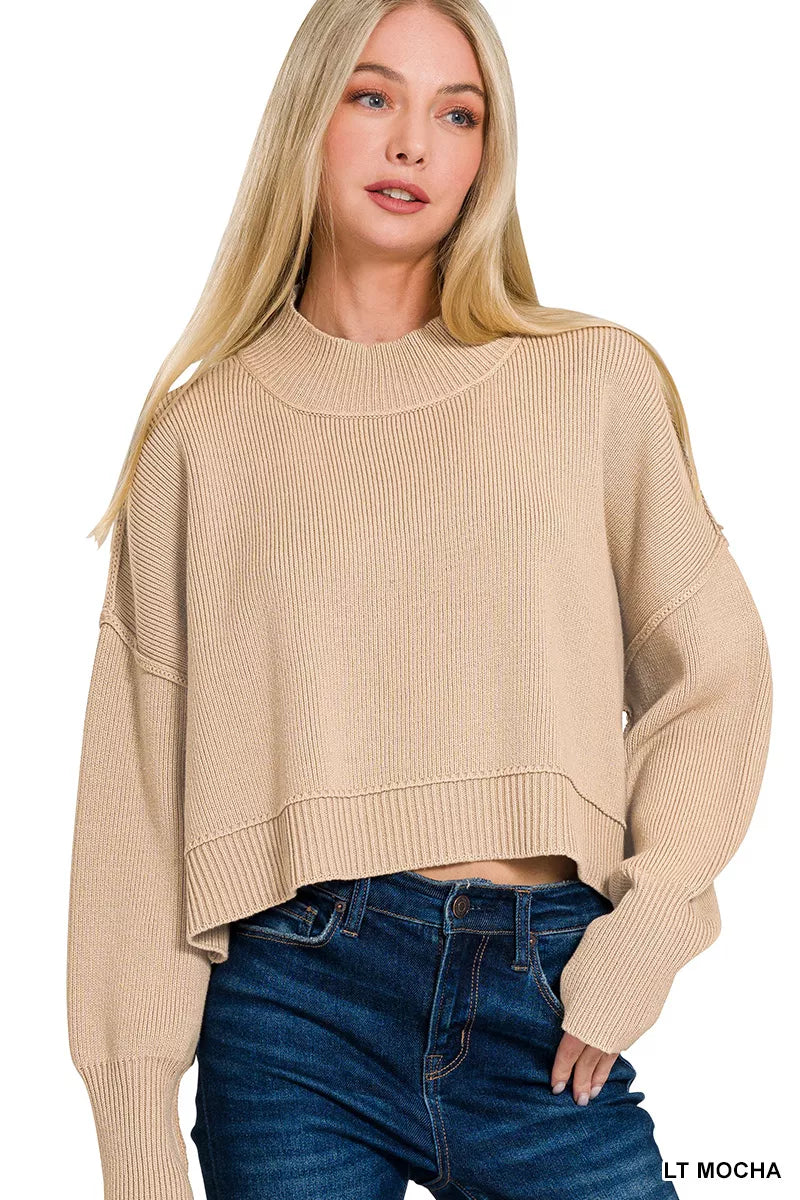 LT MOCHA Ribbed mock neck cropped sweater with side slits