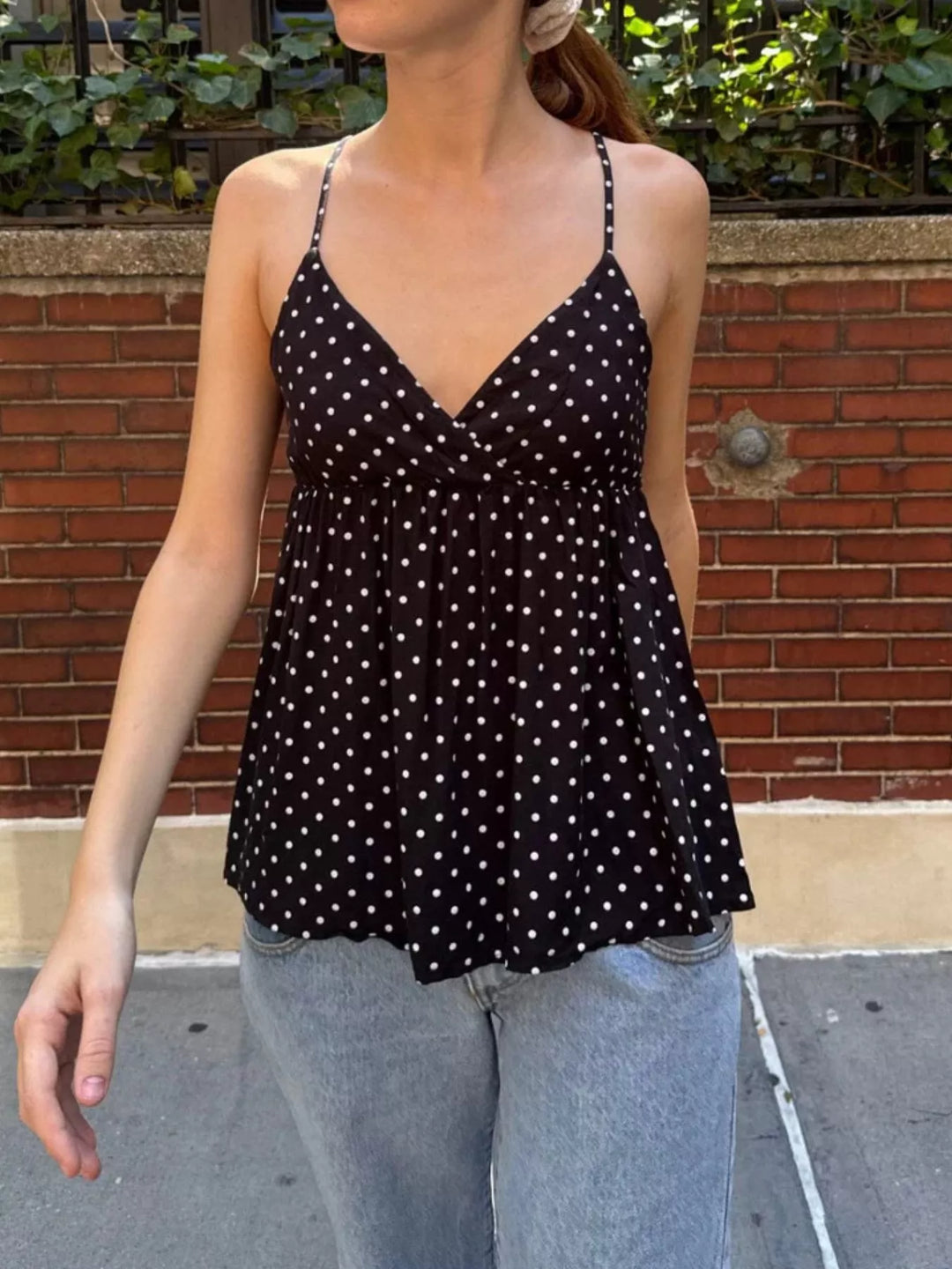 Black Polka dot v-neck babydoll cami with twist front