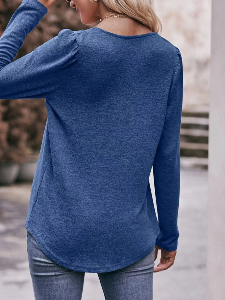 Pleated square neck long sleeve knit top