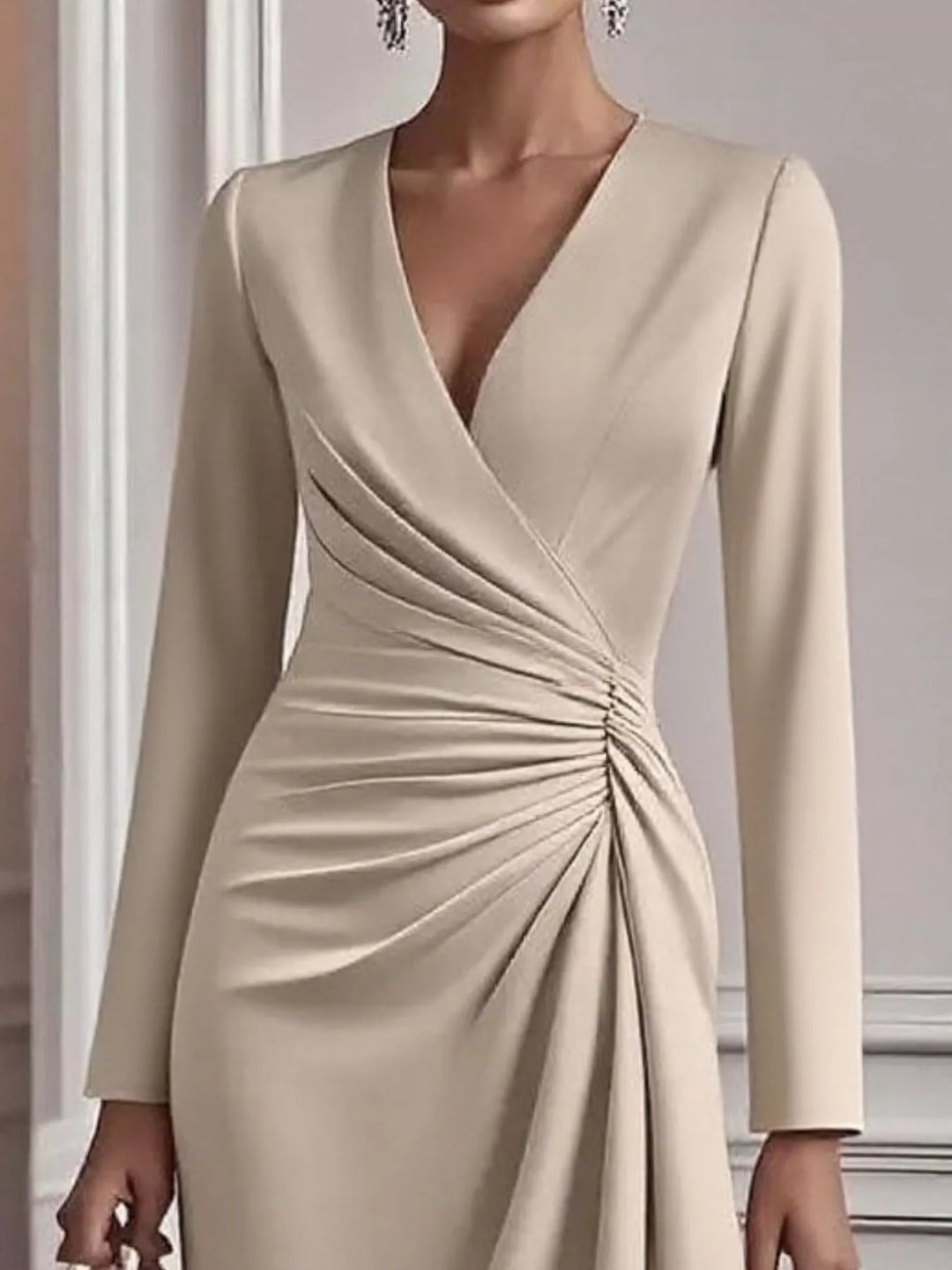 Ruched surplice long sleeve midi dress with asymmetric hem