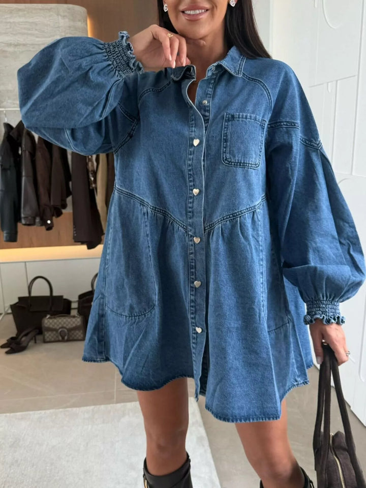 Blue Button-down denim shirt dress with puff sleeves and pockets