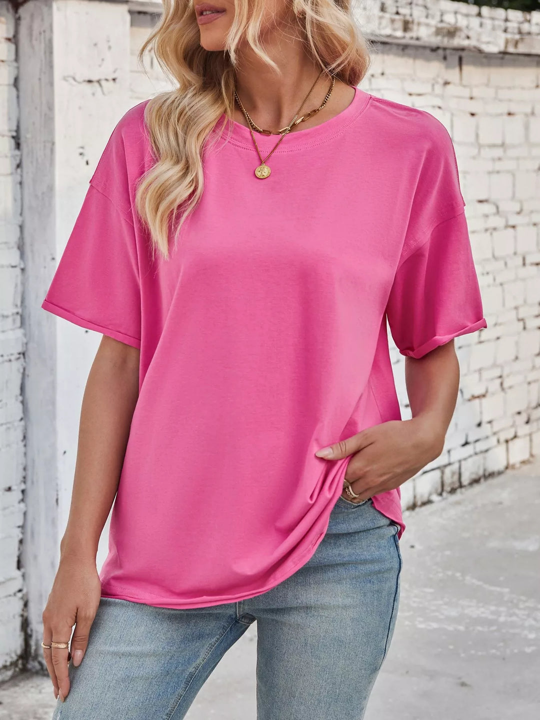 Hot Pink Drop-shoulder loose-fit crew neck tee with cuffed sleeves