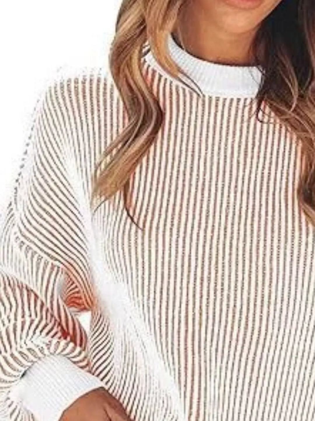 Striped ribbed knit drop shoulder sweater with side slits