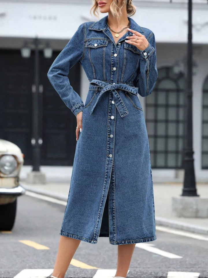 Belted button-front midi denim shirt dress with pockets