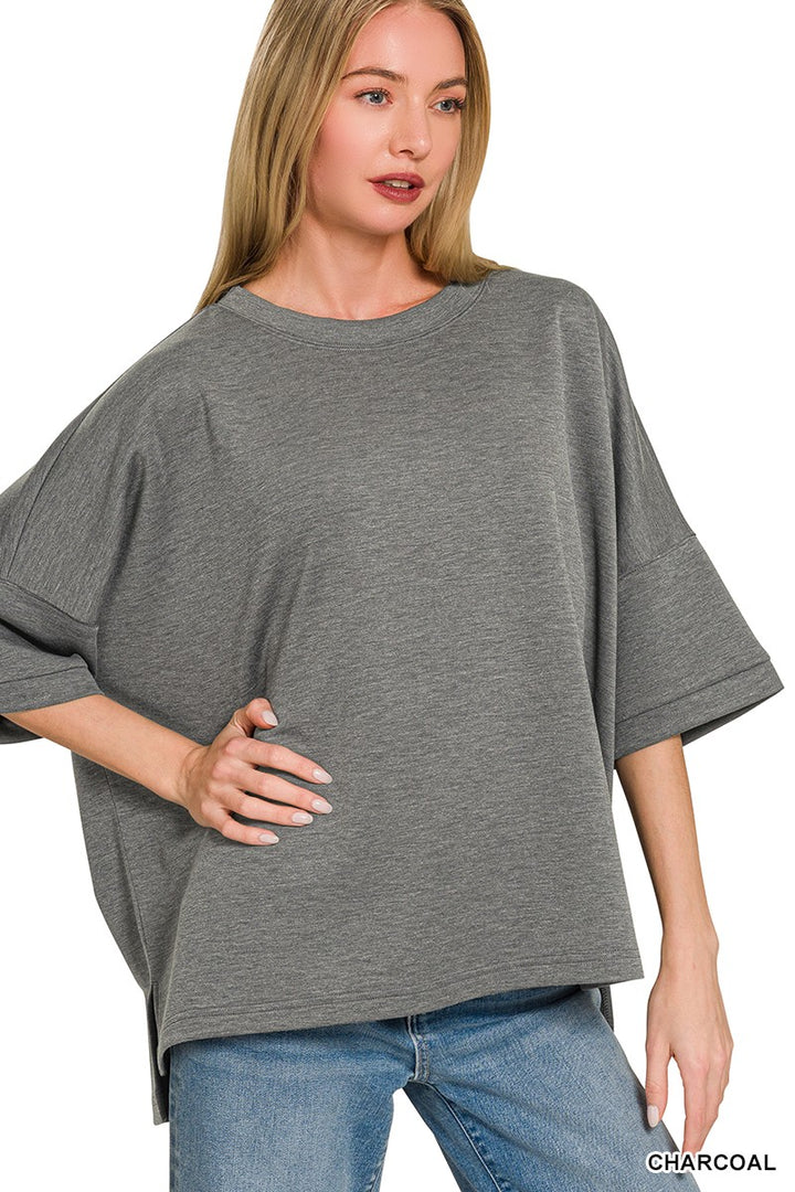 Scuba round-neck drop-shoulder top with side slits