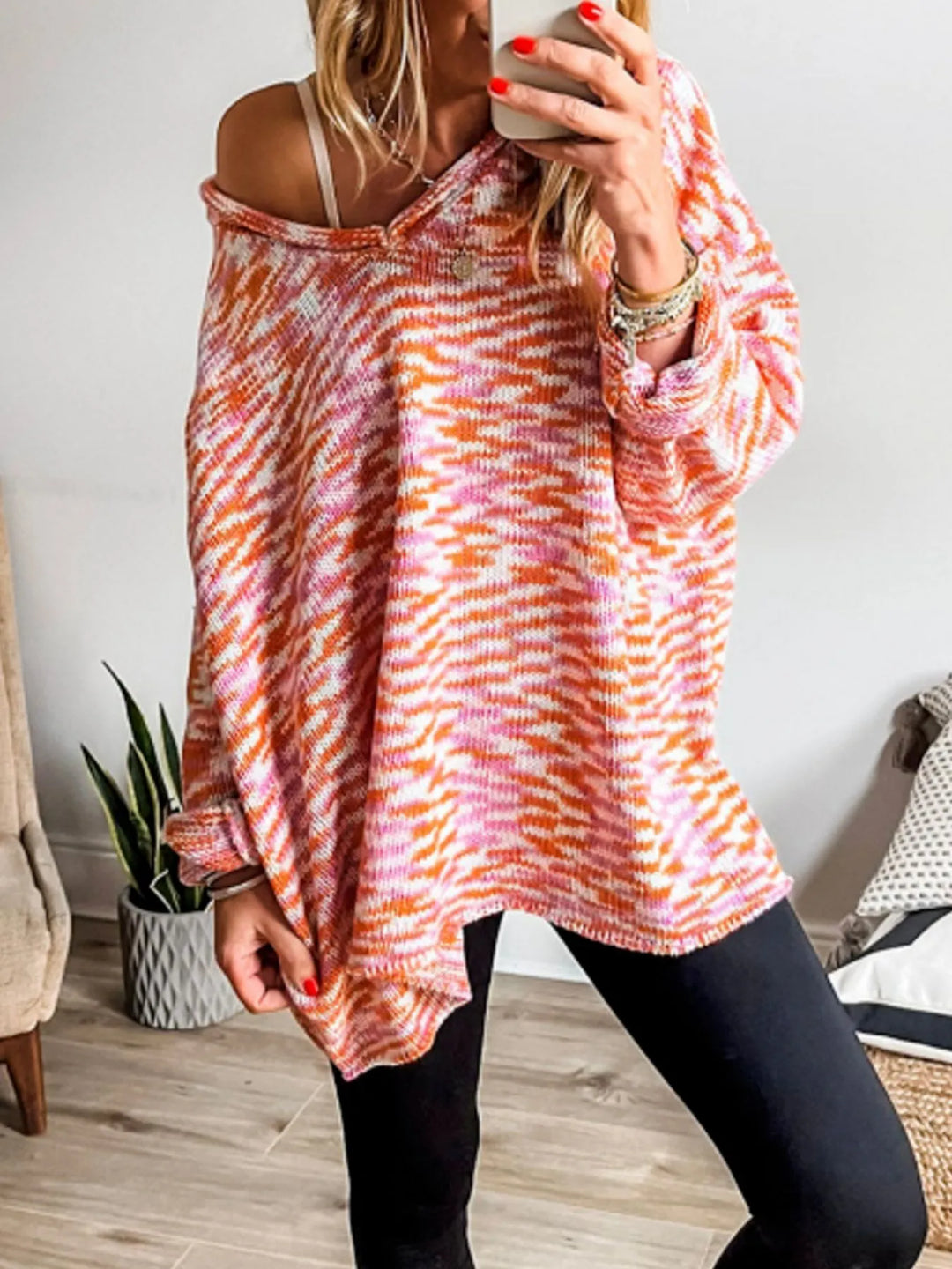 Space-dye marled V-neck knit pullover sweater