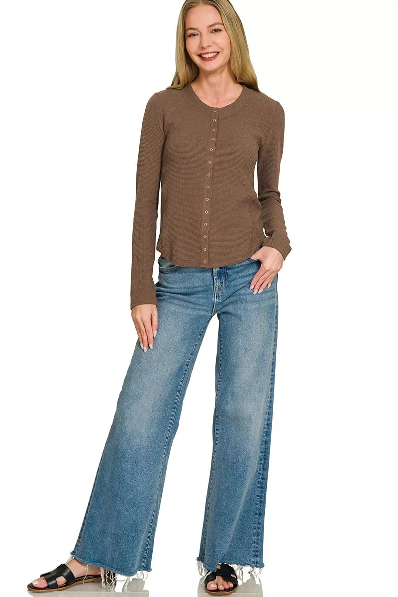 Long-sleeve double knit snap-button collared shirt