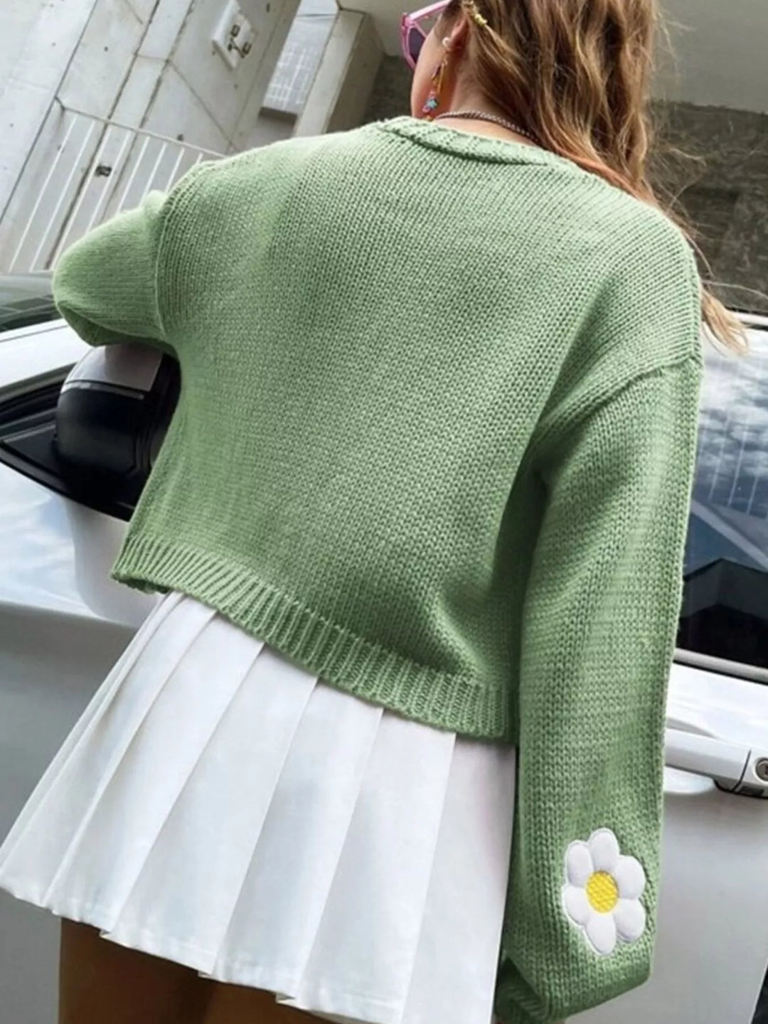 Daisy appliqué open front chunky knit cardigan