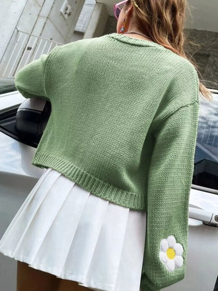 Daisy appliqué open front chunky knit cardigan
