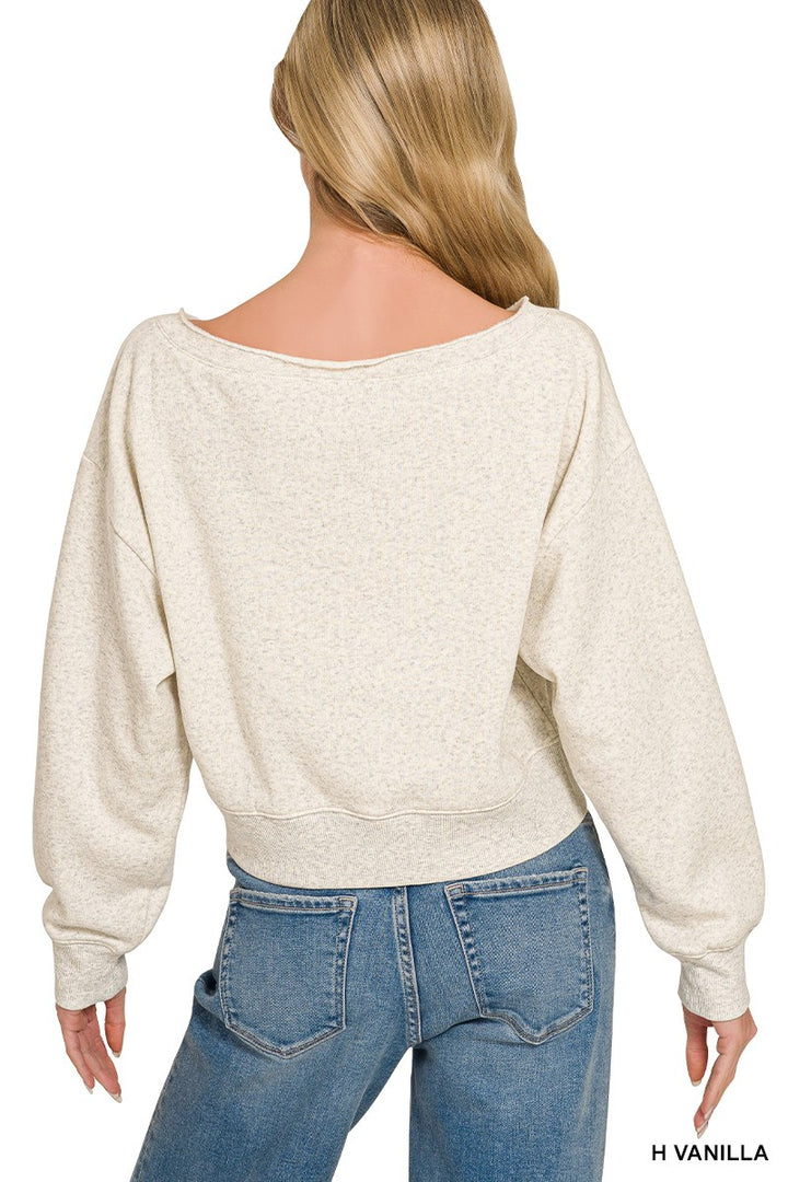 Cropped boat-neck fleece sweatshirt with ribbed hem