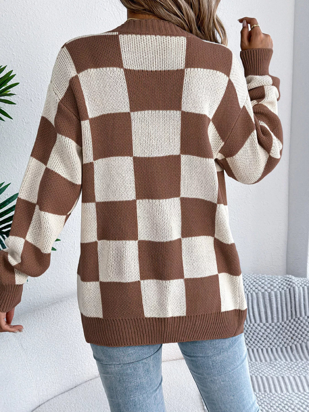 Checkerboard open front knit cardigan with ribbed trim