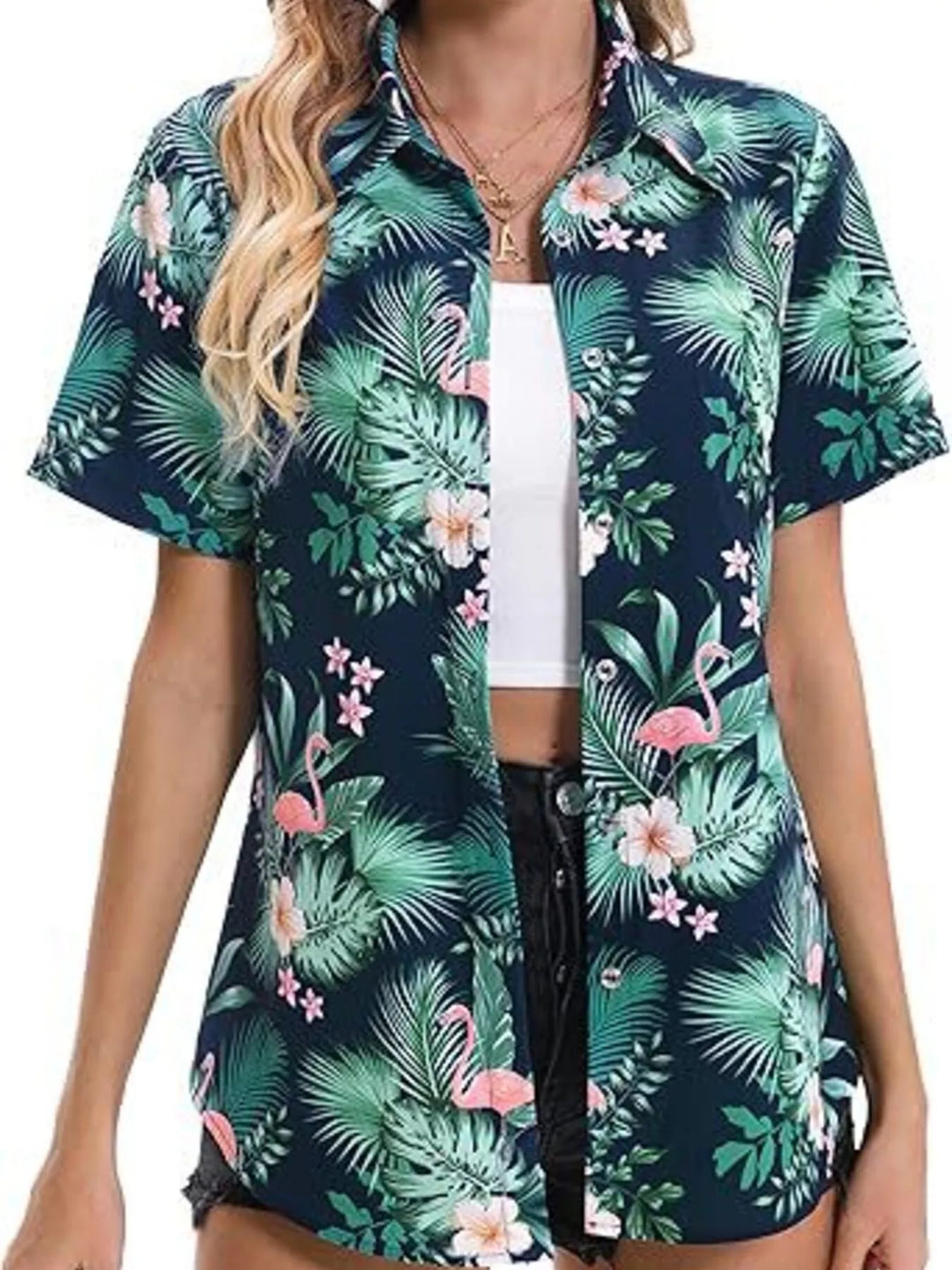 Tropical hibiscus print short sleeve button-up shirt