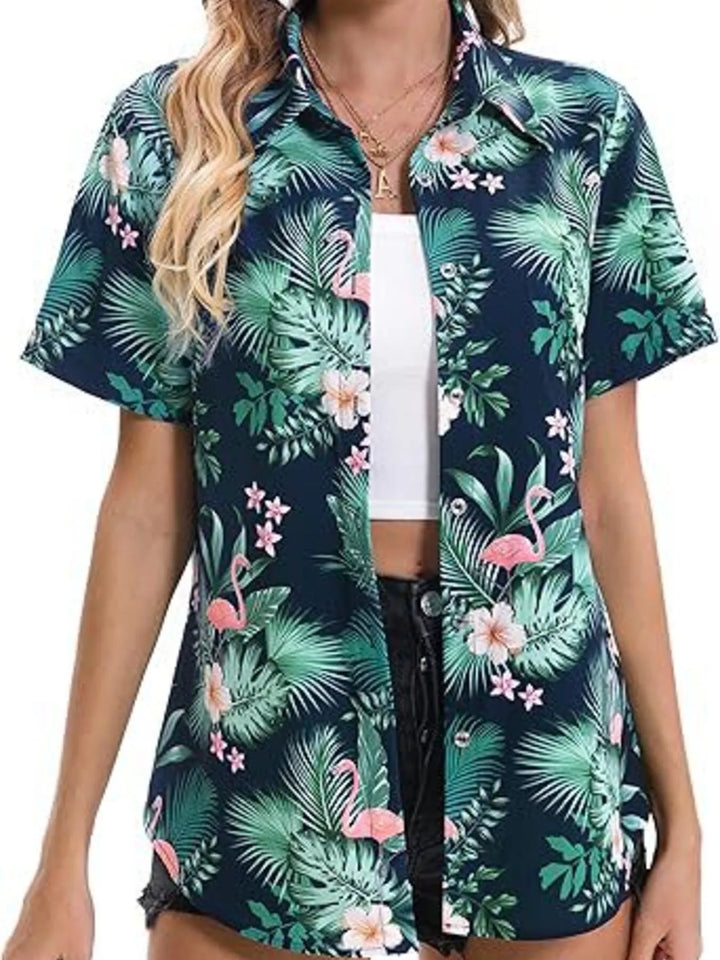 Tropical hibiscus print short sleeve button-up shirt