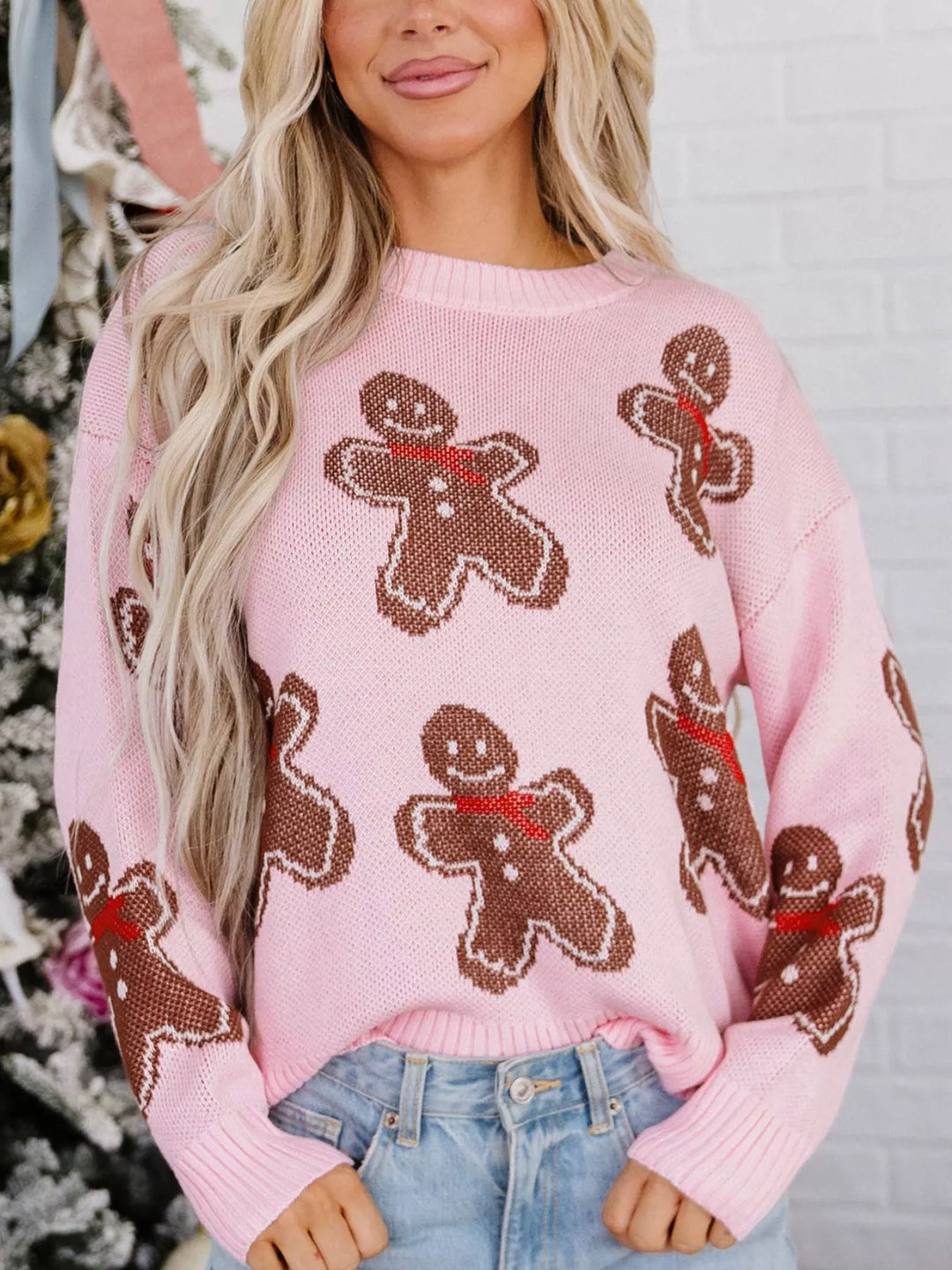 Gingerbread man knit pullover sweater with drop shoulders
