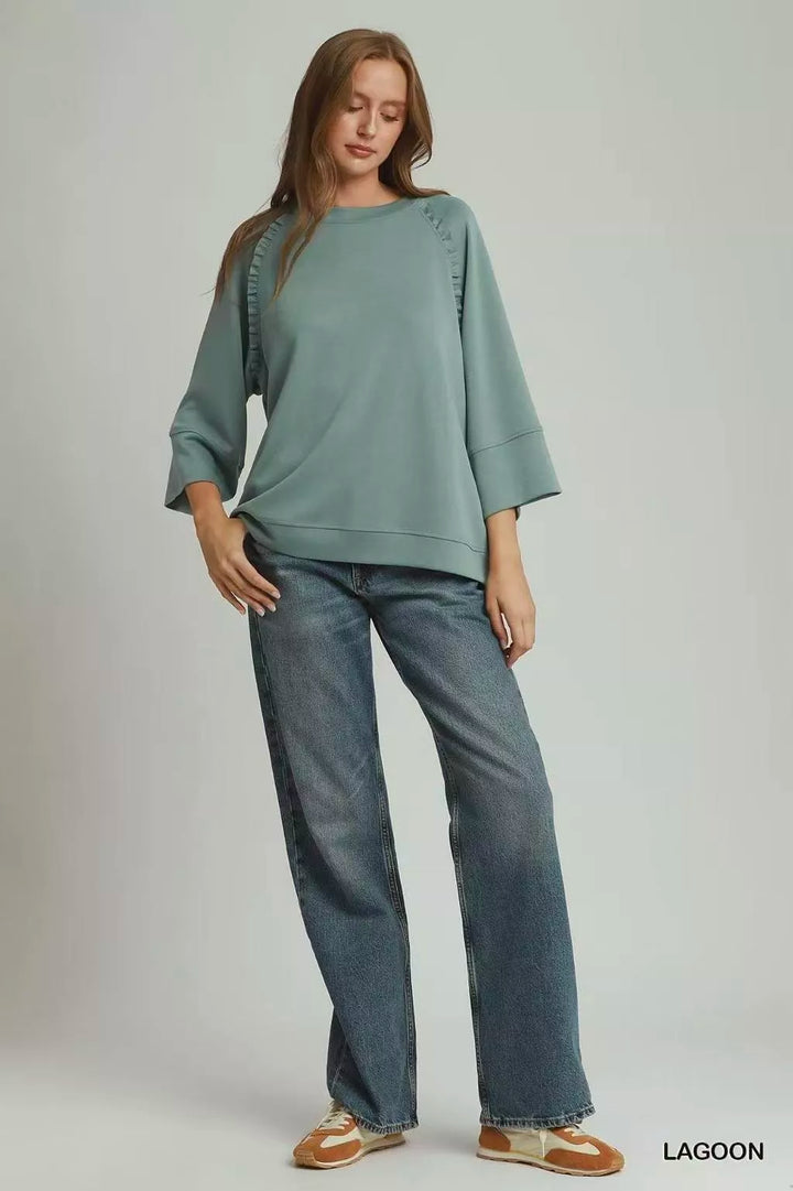 Ruffle trim raglan 3/4 sleeve relaxed top