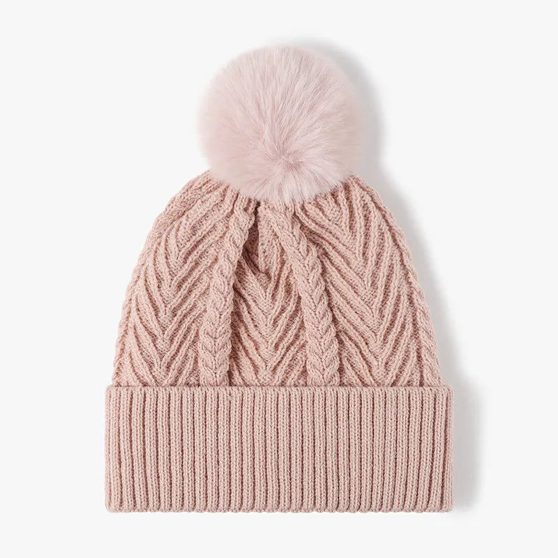 Dusty Pink Cable knit beanie with faux fur pompom and ribbed cuff