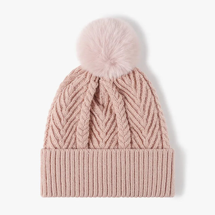 Dusty Pink Cable knit beanie with faux fur pompom and ribbed cuff